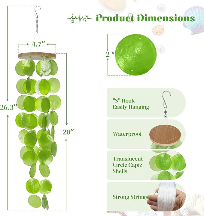 Capiz Shell Wind Chime for Outside 28” Sea Glass Wind Chime Ocean/Beach Themed Chime Gift for Women Mother’s Day Decoration Green