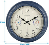 Crosstime 12 Inch Outdoor Clock with Thermometer & Hygrometer, Vintage Blue Wall Clock Waterproof, Easy to Read Decor for Patio,Garden, Pool, Backyard, Farmhouse, Bathroom