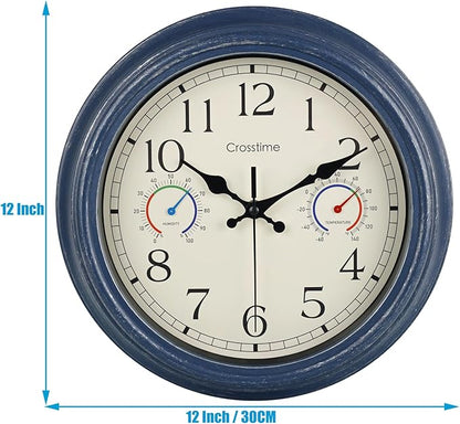 Crosstime 12 Inch Outdoor Clock with Thermometer & Hygrometer, Vintage Blue Wall Clock Waterproof, Easy to Read Decor for Patio,Garden, Pool, Backyard, Farmhouse, Bathroom