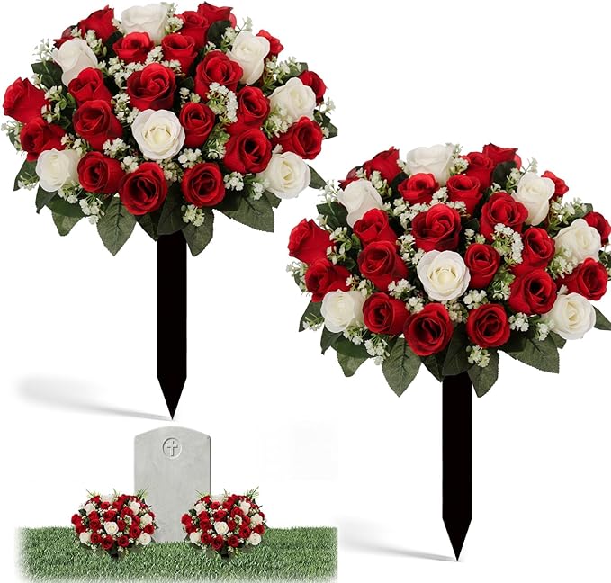 Frienda 2 Sets Cemetery Flowers Grave Stake Metal Floral Decor for Tombstone, Outdoor Gravesite Markers for Mom Dad, Memorial Day Spring Easter Grave Decor(Bouquet,Red,White)