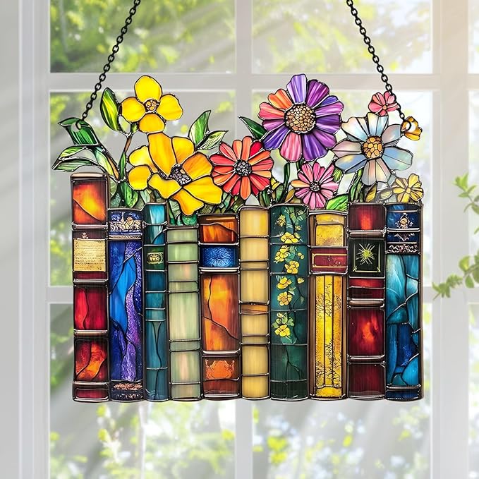 Jesuspirit - Window Hanging Suncatcher – Crystal Clear Acrylic & Wood Sun Catcher for Home Decor, for Women (Vintage Flower Book, 6 Inches)
