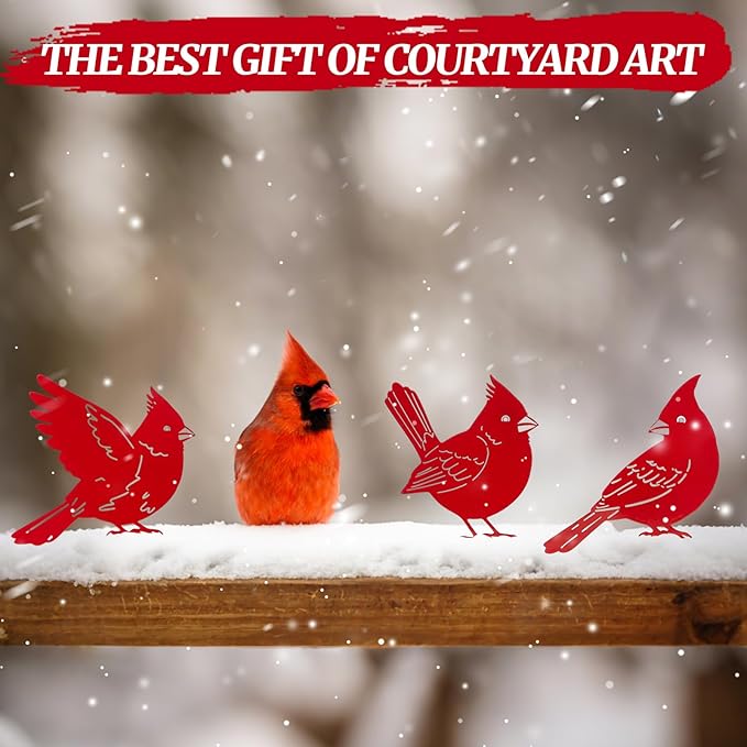 Leinuosen 5 Pcs Red Cardinal Birds Silhouettes Decoration, Garden Spring Decor Outdoor, Metal Bird Craft Statue Set, Yard Art Ornaments for Garden Patio, Cardinal Silhouette, Housewarming Gift