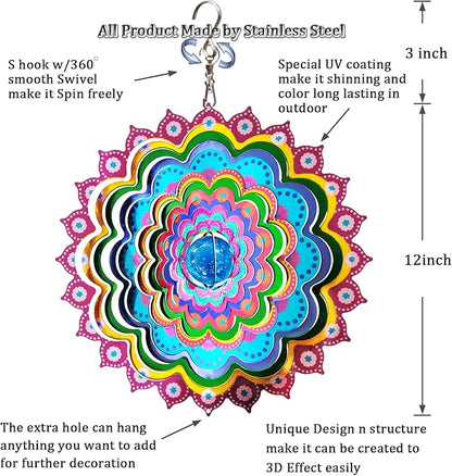 FONMY Mandala Wind Spinner w/Crystal Ball Peacock- 3D Stainless Steel Hanging Spinners Worth Gift Christmas Decoration Indoor/Outdoor Garden Décor Kinetic Yard Art 12 Inches Wind Sculpture