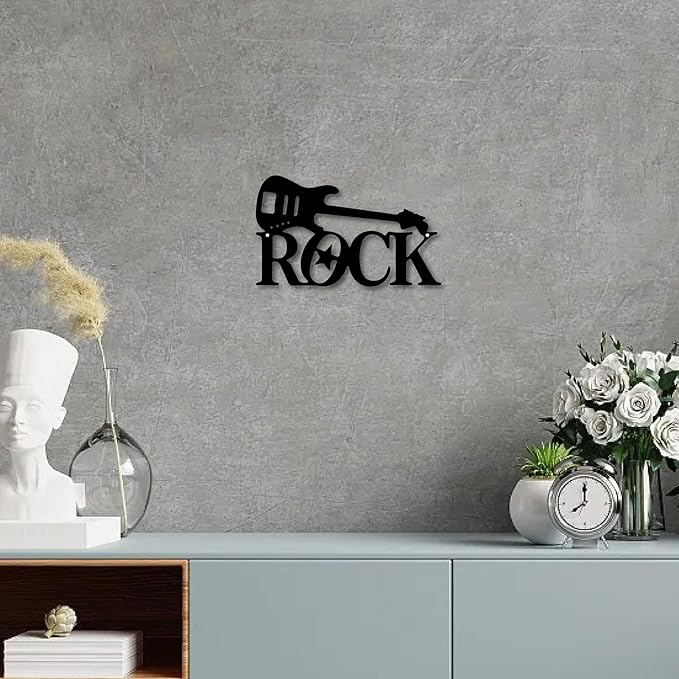 CREATCABIN Guitar Metal Wall Art Decor Black Sculpture Wall Decor Rustic Iron Rock Cut-Out Wall Sign Hanging Wall Decoration for Bathroom Living Room Bedroom Kitchen Patio Balcony 7 X 12 Inch