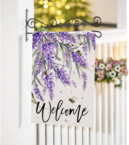 Welcome Spring Lavender Decorative Garden Flag, Purple Floral Flowers Bee Yard Outside Decorations, Summer Farmhouse Outdoor Small Home Decor Double Sided 12 x 18