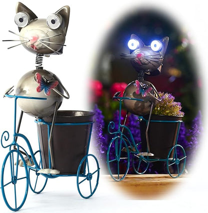 Metal Yard Art Cat on Bike Solar Statue Light, Solar Statue Light Garden Decoration, Best Gift for Cat Lovers.