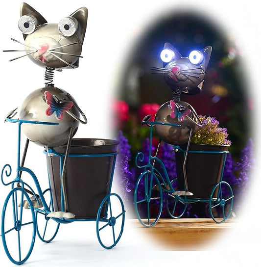 Metal Yard Art Cat on Bike Solar Statue Light, Solar Statue Light Garden Decoration, Best Gift for Cat Lovers.