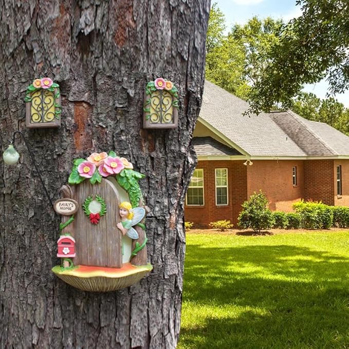 Fairy Door and Windows with Lantern Tree Stump Decor, Glow in The Dark Yard Art Sculpture Miniature Fairy Garden Accessories for Wall, Outdoor Decor