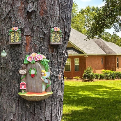 Fairy Door and Windows with Lantern Tree Stump Decor, Glow in The Dark Yard Art Sculpture Miniature Fairy Garden Accessories for Wall, Outdoor Decor