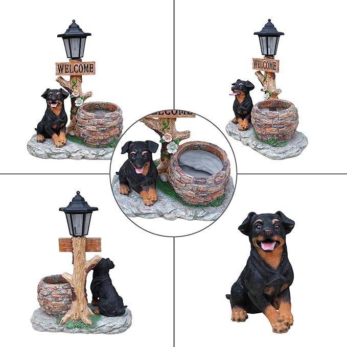 20" Solar Rottweiler Garden Statue with Welcome Sign & Planter - Large Dog Sculpture with LED Street Lantern - Weatherproof Resin Decorative Flower Pot for Porch, Yard & Patio - Pet Lover Gift
