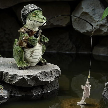 Garden Dinosaur Pond Statues Decoration, Fishing Dinosaur Garden Statue Outdoor Koi Pond or Waterfall Decor, 7.1" Crocodile Fishing Poolside Statue, Animals Patio, Lawn Additional, Gifts for Mom