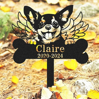 Custom Dog Memorial Grave Marker with Wings, Personalized Chihuahua Memorial Stake Bone Burial Marker Metal Engraved Sign, Customized Dog Memorial Decorations Garden Stake with Name & Date