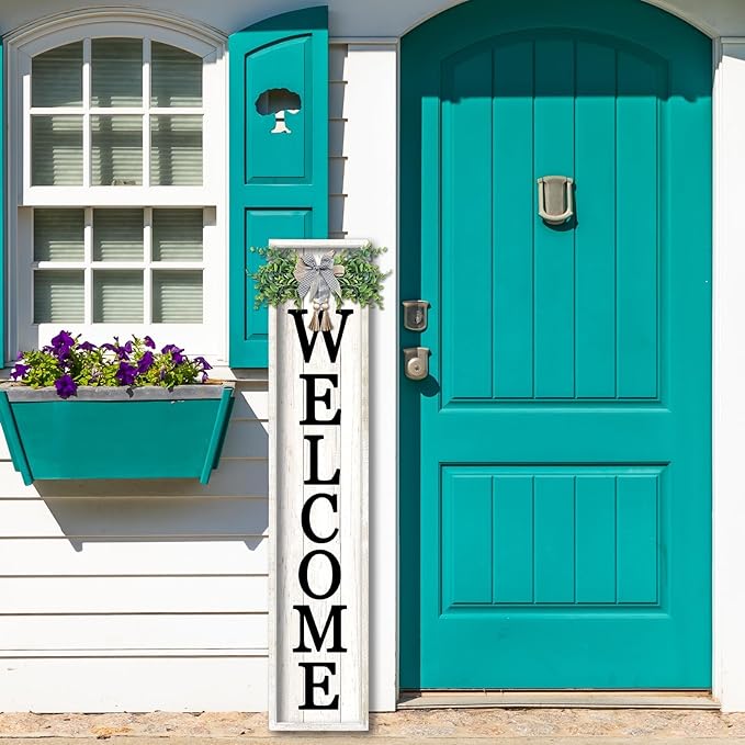 flowtorely Outdoor Welcome Sign for Front Porch Standing 45"×9" Tall Vertical Wood Frame Front Door Long Leaner farmhouse Outside Rustic Large Welcome Signs Vintage Home Decorations (White)