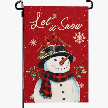 Christmas Snow Snowman Garden Flag Winter Snowflake Yard Flag 12x18 Inch Double Sided Red Cardinal Birds House Banner Merry Xmas Poinsettia Happy Holiday Wall Banners Farmhouse Outdoor Decor
