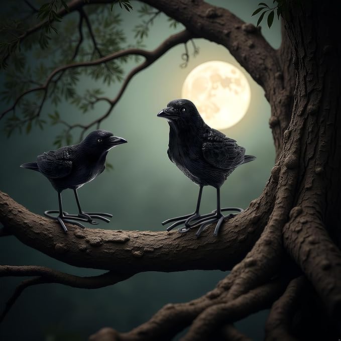 Set of 2 Garden Crow Statues Outdoor Decor for Tree, Resin Bird Figurines Tree Hugger Sculpture Fake Black Raven Decoy Halloween Decoration for Patio Yard, Deck, Fence Ornaments
