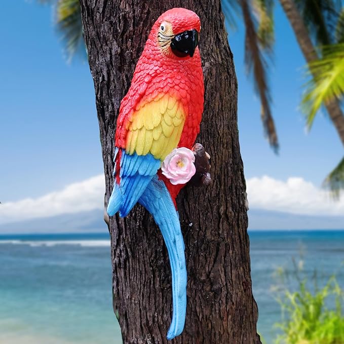 12.7in Artificial Bird Resin Parrot Statue Christmas Tree Ornaments, LifeSize Tropical Birds Decor for Palm Tree, Fake Parrot Decorations for Wreaths DIY Crafts, Tree Faces Animal(Red)