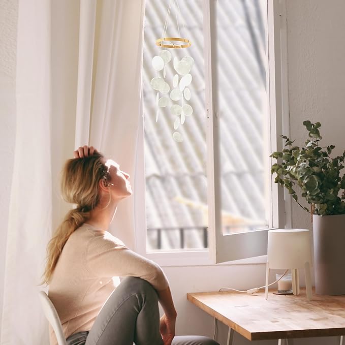 Handmade Capiz Wind Chimes for Outside, Outdoor Seashell Hanging Beach Coast Ocean Home Decorative, Unique Natural Shell Waterfall Windchimes for Summer Patio, Great Memorial Sympathy Gift（White