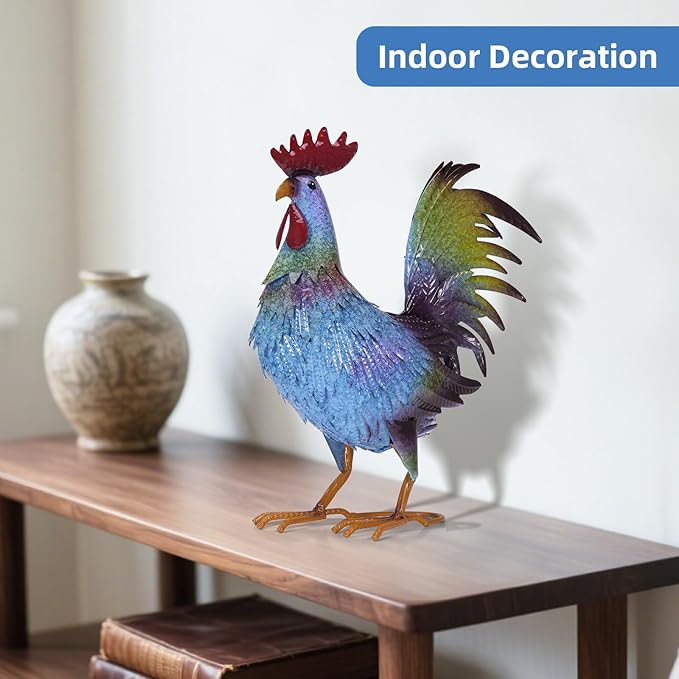 Metal Chicken Garden Sculptures & Statues,Vivid Lawn Ornaments for Garden Decorations Outdoor, Blue Rooster Gift for Housewarming,Home Decoration for Christmas Holiday
