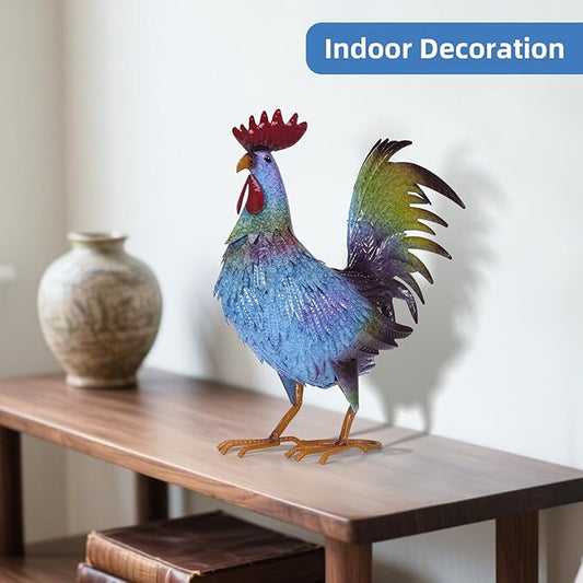 Metal Chicken Garden Sculptures & Statues,Vivid Lawn Ornaments for Garden Decorations Outdoor, Blue Rooster Gift for Housewarming,Home Decoration for Christmas Holiday