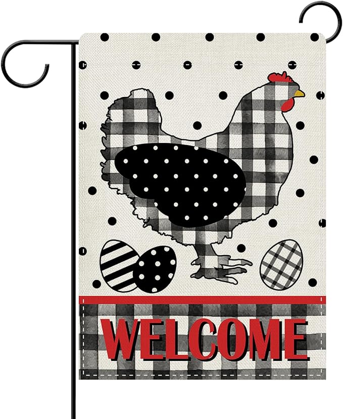 Dyrenson Welcome Chicken Decorative Garden Flag, Hen Eggs Buffalo Plaid Check Polka Dots Yard Outside Home Decoration, Farmhouse Burlap Outdoor Small Decor Double Sided 12 x 18