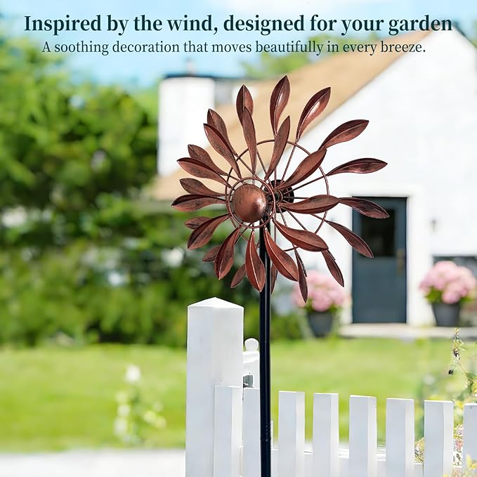 Wind Spinners Outdoor Metal, 360° Kinetic Wind Spinner with Stake, Metal Garden Yard Patio Lawn Windmill Decor (12.6" Dia, 56.7" H, Copper Petal)