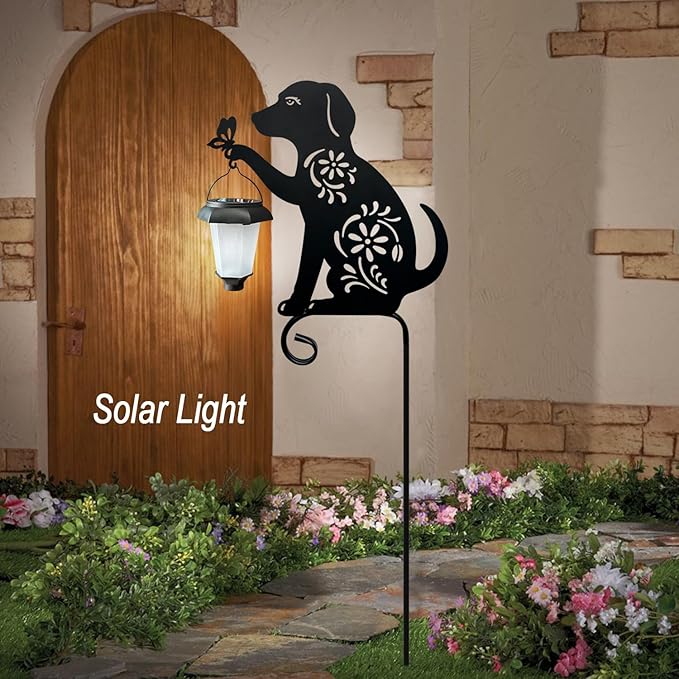 Dog Holding Solar Lantern Garden Stakes Outdoor Metal Dog Stakes Decorative Garden Stakes Suitable for Yard and Lawns(Dogs Decor Garden Stake)