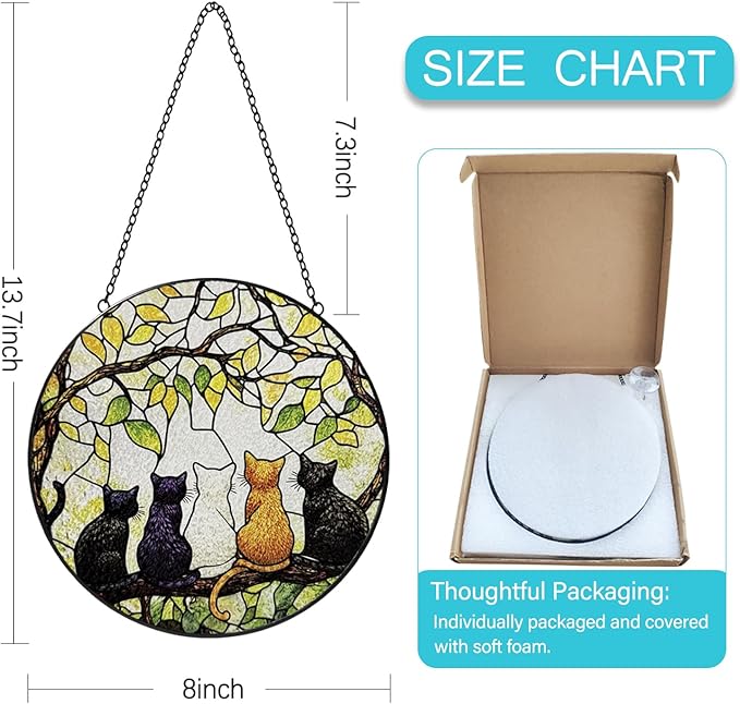 Stained Glass Window Hanging, 8 Inch 5 Cats on a Branch Suncatcher, Sun Catchers Indoor Window, Suncatchers for Windows Hanging, Spring Home Garden Decor Panel, Cat Lover Gifts for Women Mom Grandma