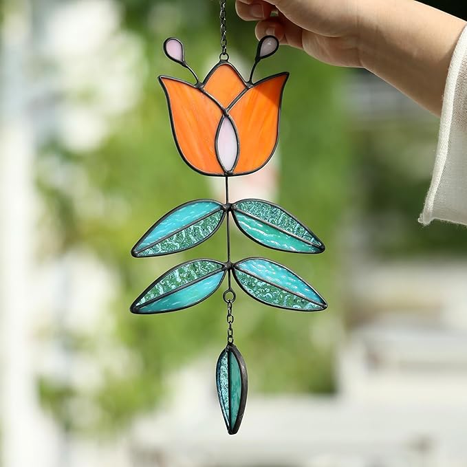 Coral Tulip Stained Glass Suncatcher, Folk Flower Stained Glass Window Hanging Sun Catcher, Retro Funky Home Decor, Handmade Coastal Ornaments, 9.4" x 4.7"