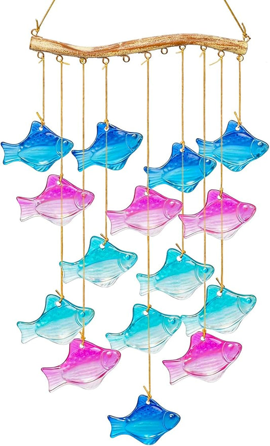 28.5" Blue Glass Sea Wind Chimes for Outdoor, Handcrafted Fish Wind Chimes for Outside, Small Unique Suncatcher Hanging Windchimes for Garden Patio Yard Beach Party Wedding Decor Women Gift