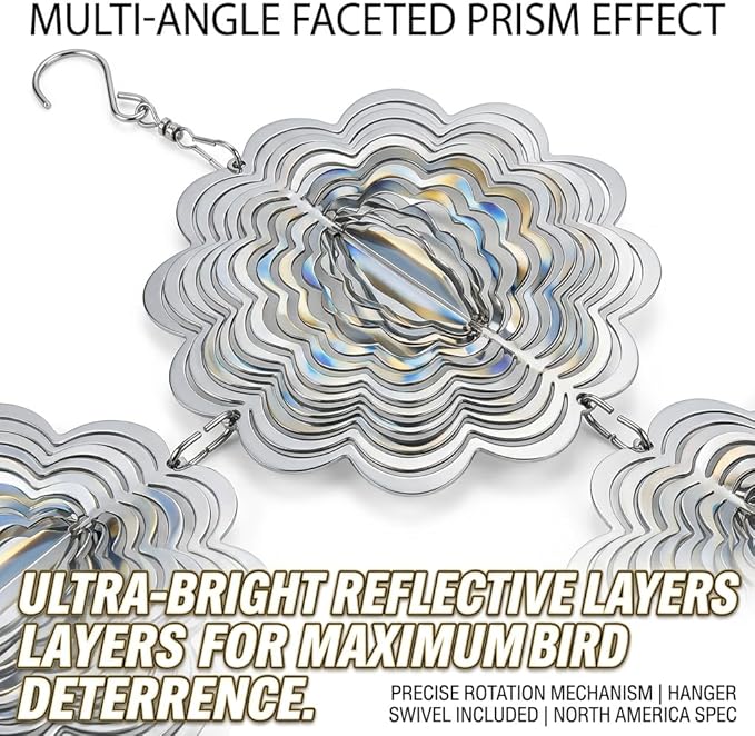 12PCS Stainless Steel Bird Deterrent Wind Spinners for Outside – Reflective Outdoor Bird Repellent Hanging Ornaments, Humane Pigeon Scarer for Yard Garden, Balcony, Patio, Roof & Window (12, Flower)