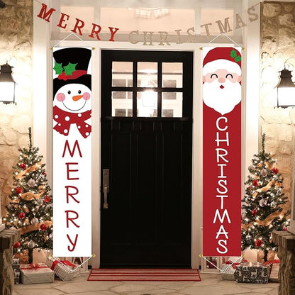 Ivenf Christmas 2pc Outdoor Yard Banner, Red White Santa Snowman, Merry Decorations, Sturdy Poles, Hanging, Front Porch, Home, Indoor Outdoor, Garage Door, 71x13 inches