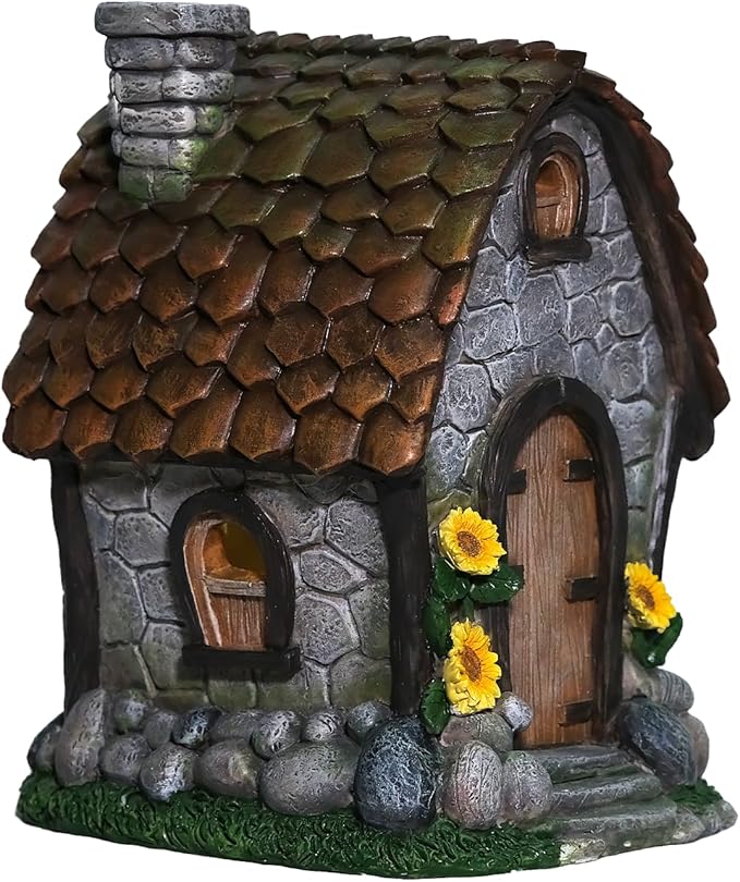 Zayton Garden House Statues Outdoor with Light Yard Resin Decoration Gift Handmade Housewarming Gift for Patio Yard Lawn Waterproof Cracking