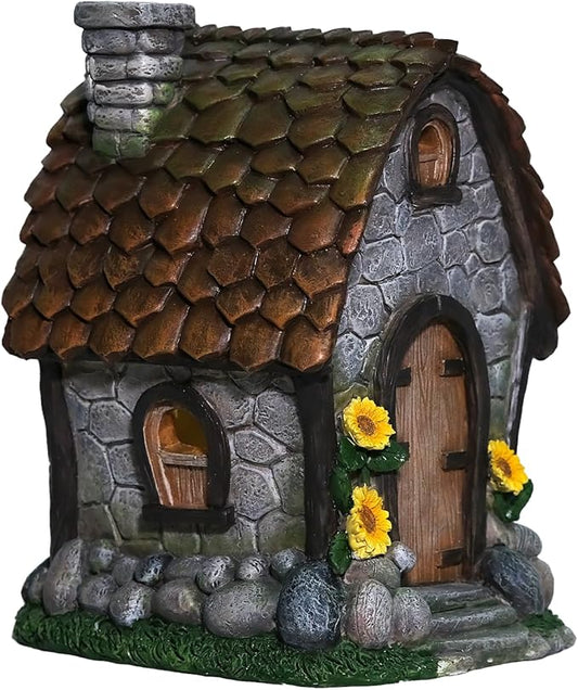 Zayton Garden House Statues Outdoor with Light Yard Resin Decoration Gift Handmade Housewarming Gift for Patio Yard Lawn Waterproof Cracking