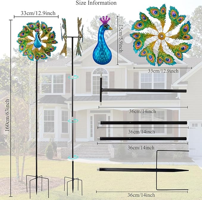 Wind Spinners Outdoor Peacock, 63 Inch Double-Sided Garden Windmill for Yard with 8 Green Feather Blades, Large Metal Garden Wind Spinner