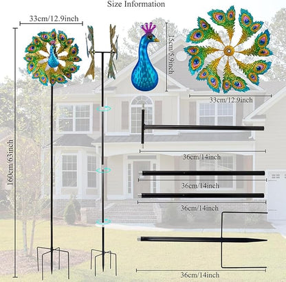 Wind Spinners Outdoor Peacock, 63 Inch Double-Sided Garden Windmill for Yard with 8 Green Feather Blades, Large Metal Garden Wind Spinner