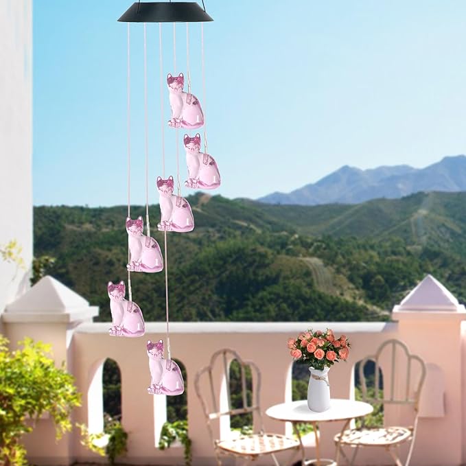 Cat Solar Wind Chimes for Outside Colors Changing Waterproof Decorative Lights Gifts for Mom Solar Powered Mobile Hanging Wind Chime for Garden Patio Party Yard Window Indoor Outdoor Decor