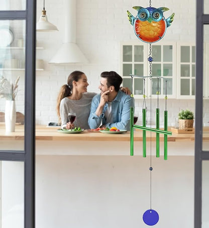 CoTa Global Owl Wind Chime - Handmade Glass and Metal Chime - Bird Wild Life Hanging Decor - Colorful Home Decor Gift, Indoor and Outdoor Hanging Decoration for Porch, Patio, and Garden - 36 Inches