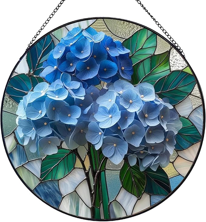 7.87" Blue Hydrangea Flower Suncatcher Stained Glass Window Hanging Room Decor,Sun Catchers Indoor Window Glass Round Panel Wall Decor, Floral Wall Art Hanging Decorations Statues