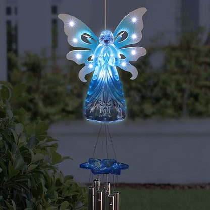 Exhart Wind Chimes, Solar Angel Wind Chime with Metal Wings, 13 LED Firefly Lights, Blue Acrylic Large Lawn and Yard Decoration, 6.5 x 4 x 42 Inch