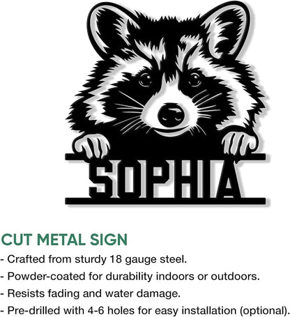Personalized Raccoon Metal Sign, Raccoon Hanging Sign Outdoor Porch Welcome, Custom Name Wall Fence Yard Patio Home Office Decor Gifts Birthday