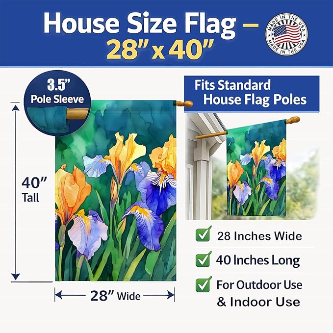 Caroline's Treasures Tennessee Iris in Watercolor House Flag Large Porch Sleeve Pole Decorative Outside Yard Banner Artwork Wall Hanging, Polyester, House Size, Multicolor
