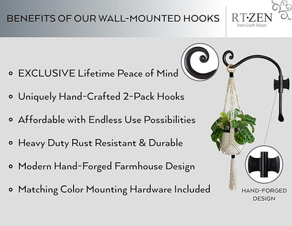 RTZEN Plant Hangers Outdoor or Indoor - Wrought Iron Metal Hanger Indoor Hook - Heavy Duty Wall Bracket Hooks for Hanging Plants Baskets Lanterns Wind Chimes - 2 Pack (Black Axe-Shape Hooks)
