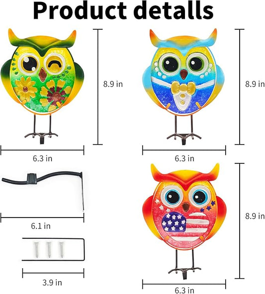 Owl Garden Decor for Outside, 3 Pack Metal & Glass Owl Yard Art, Lawn Ornaments Outdoor Decor for Porch Patio, Housewarming Birthday Gifts for Grandma Mom Women