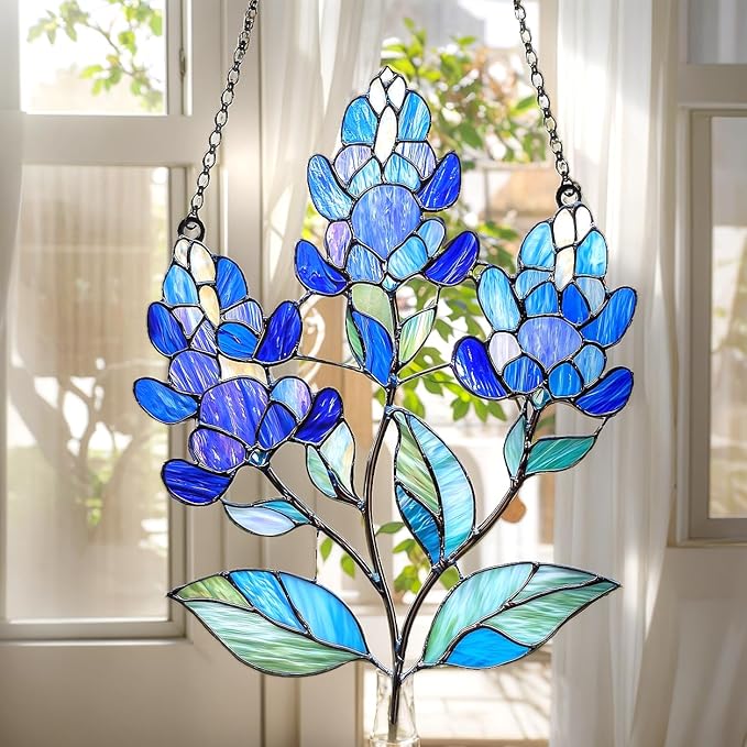 Texas Bluebonnet Acrylic Suncatcher, Boho Suncatchers for Window Hanging Ornament, Stained Glass Effect Art Garden Decor for Nature Lover, Gifts for Mother's Day, Mom, Grandma, Wife, Women, Nana