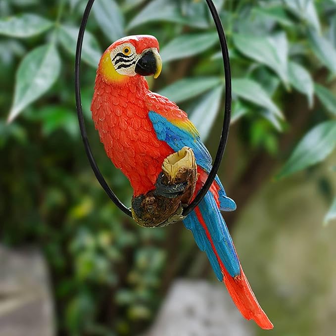 Hanging Parrot Statue Resin Parrot Ornament Metal Round Ring Decoration for Garden Resin Sculpture for Garden Patio Wall Craft Home Outdoor Decoration-01