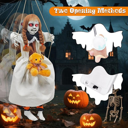 Outdoor Hanging Swinging Girl Halloween Decorations,Lighted Creepy Doll Halloween Dolls Scary Props for Garden Yard Lawn and Haunted House Decorations