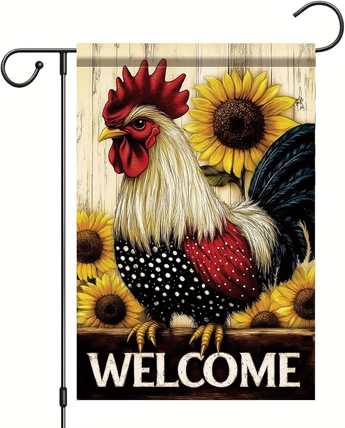 Spring Summer Garden Flag 12x18 Inch Welcome Rooster Sunflower Farm Animal Rustic Country Design Outdoor Yard Porch Lawn for Seasonal Farmhouse Home Decor