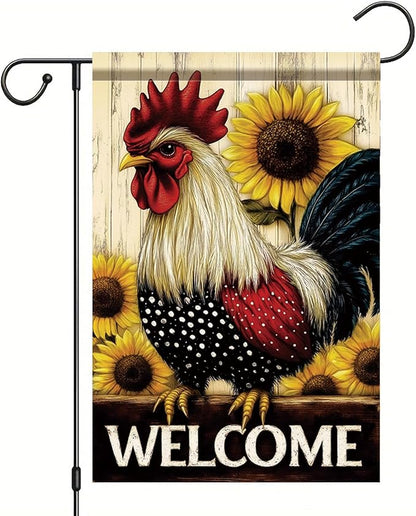 Spring Summer Garden Flag 12x18 Inch Welcome Rooster Sunflower Farm Animal Rustic Country Design Outdoor Yard Porch Lawn for Seasonal Farmhouse Home Decor