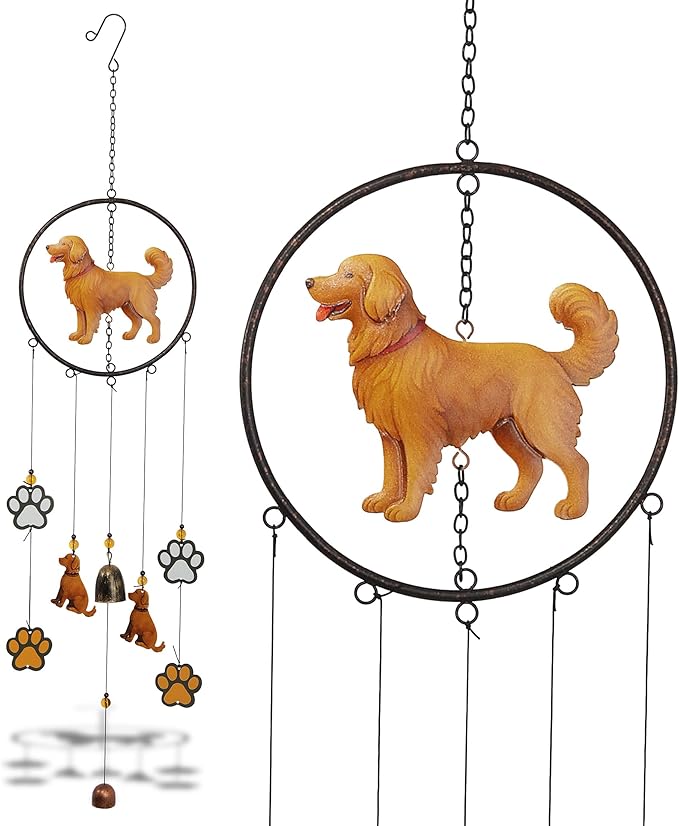 CoTa Global Golden Retriever Dog Wind Chime - Dog in Round Frame Hanging Decor with Bronze Tone Wind Chime Tubes and Round Wind Catcher, Indoor Outdoor Porch Patio Yard Garden Decoration - 35 Inches