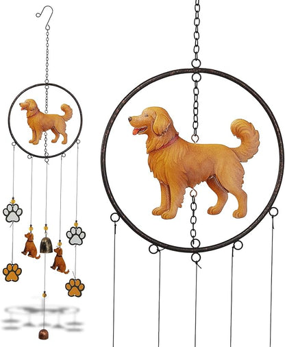 CoTa Global Golden Retriever Dog Wind Chime - Dog in Round Frame Hanging Decor with Bronze Tone Wind Chime Tubes and Round Wind Catcher, Indoor Outdoor Porch Patio Yard Garden Decoration - 35 Inches
